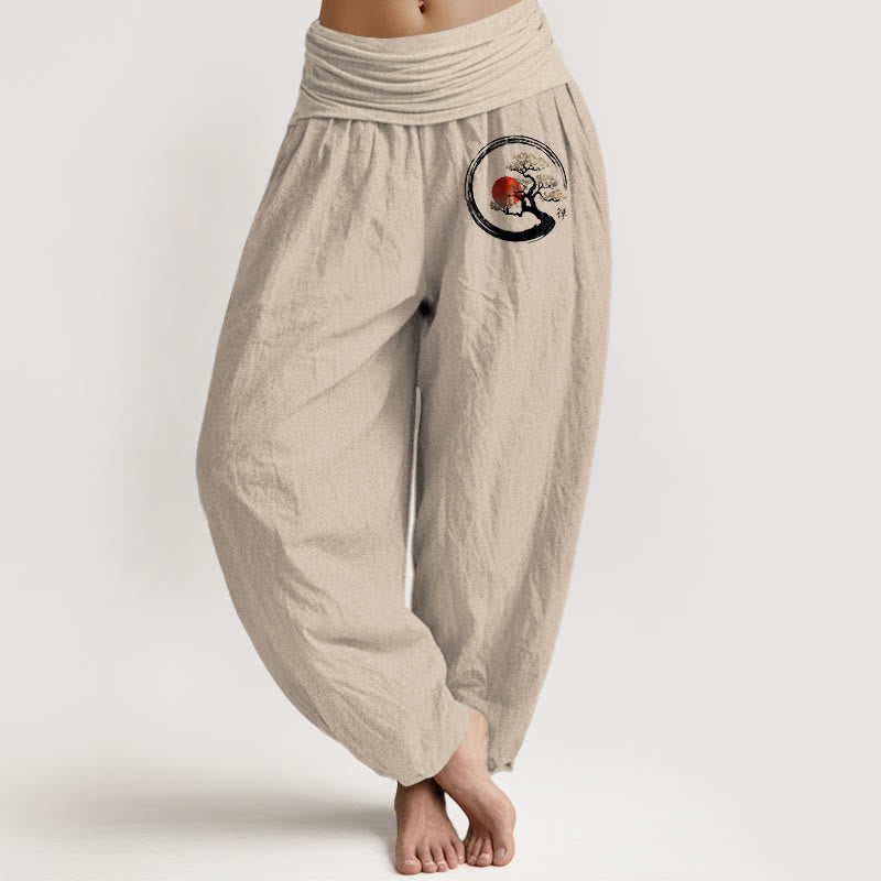 Buddha Stones Pine Tree Red Sun Zen Character Pattern Pure Cotton Women's Elastic Waist Harem Pants - Tan - US16，UK/AU20，EU48 (3XL) - image 0