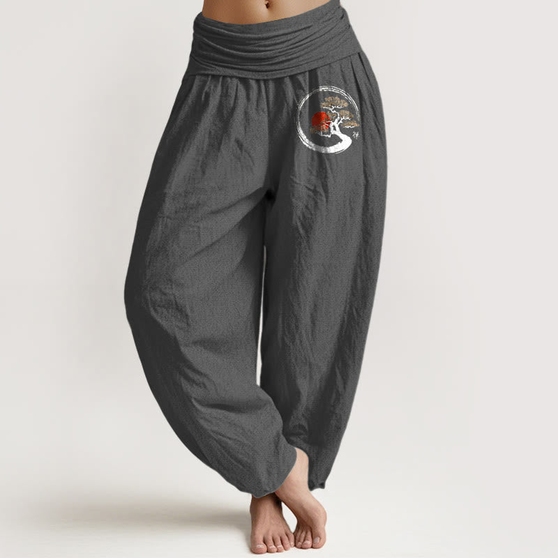 Buddha Stones Pine Tree Red Sun Zen Character Pattern Pure Cotton Women's Elastic Waist Harem Pants - DimGray - US16，UK/AU20，EU48 (3XL) - image 14
