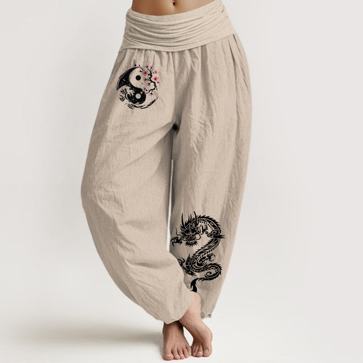 Buddha Stones Dragon Yin Yang Waves Flower Pattern Pure Cotton Women's Elastic Waist Harem Pants - Tan - US16，UK/AU20，EU48 (3XL) - image 11