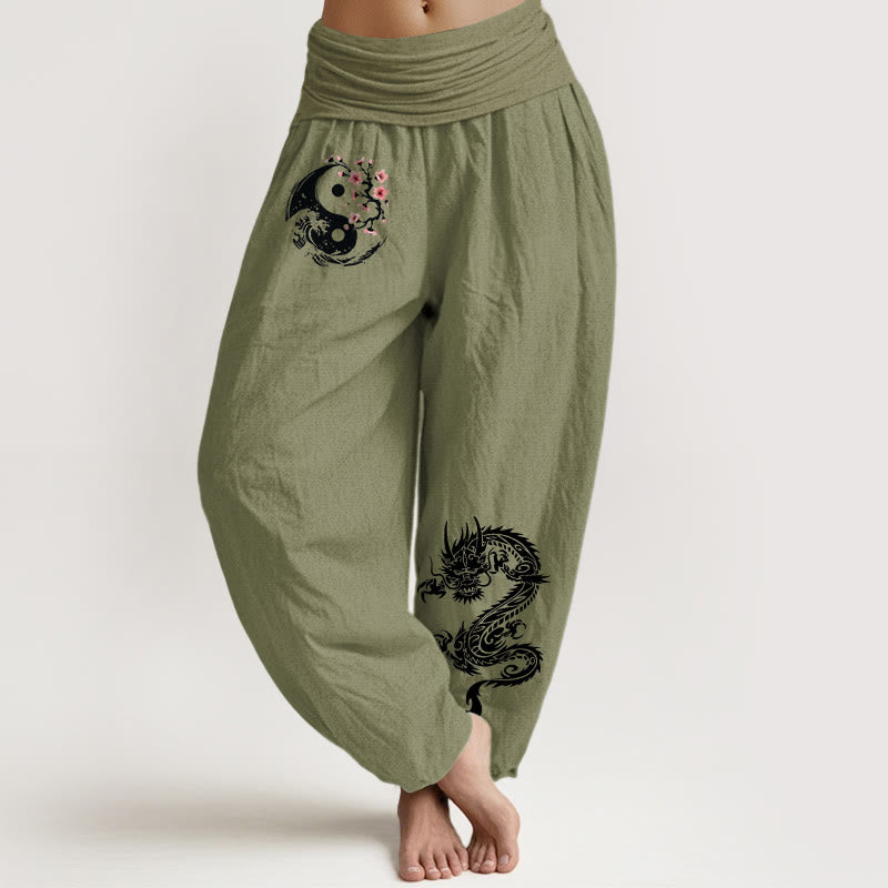 Buddha Stones Dragon Yin Yang Waves Flower Pattern Pure Cotton Women's Elastic Waist Harem Pants - OliveDrab - US16，UK/AU20，EU48 (3XL) - image 14