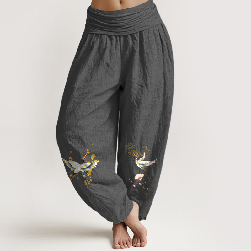 Buddha Stones Crane Auspicious Clouds Flower Pattern Pure Cotton Women's Elastic Waist Harem Pants - DimGray - US16，UK/AU20，EU48 (3XL) - image 0
