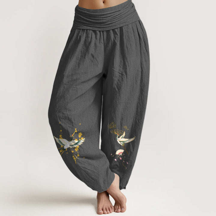 Buddha Stones Crane Auspicious Clouds Flower Pattern Pure Cotton Women's Elastic Waist Harem Pants - DimGray - US16，UK/AU20，EU48 (3XL) - image 0