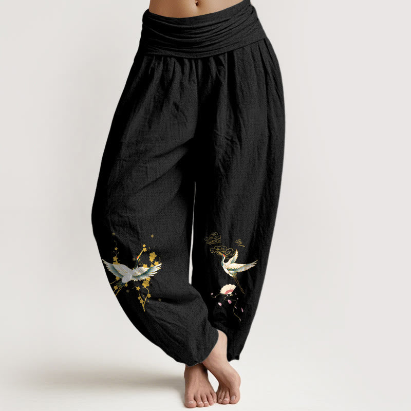 Buddha Stones Crane Auspicious Clouds Flower Pattern Pure Cotton Women's Elastic Waist Harem Pants - Black - US16，UK/AU20，EU48 (3XL) - image 11