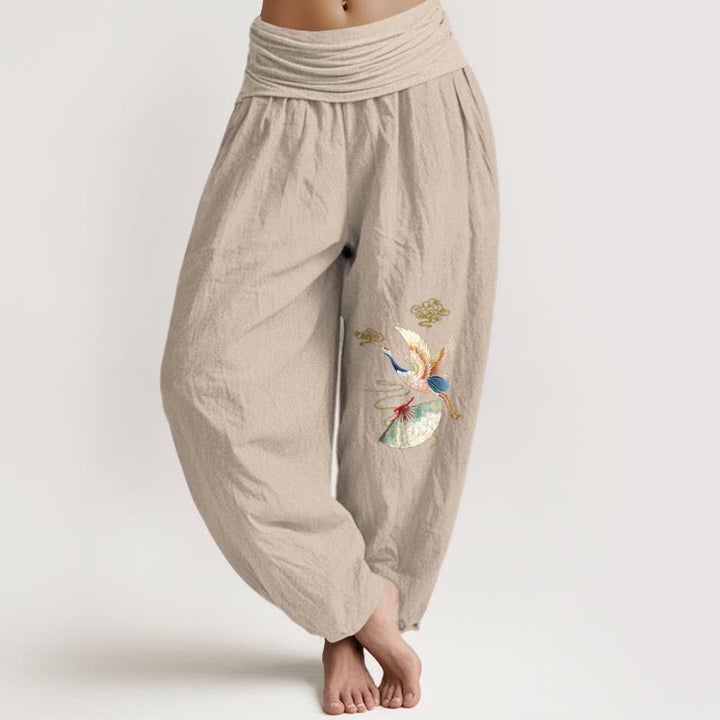 Buddha Stones Crane Folding Fan Auspicious Clouds Pattern Women's Elastic Waist Harem Cotton Pants - Tan - US16，UK/AU20，EU48 (3XL) - image 8