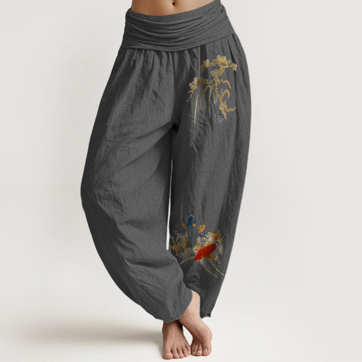 Buddha Stones Pure Cotton Pine Tree Koi Fish Pattern Women's Elastic Waist Harem Pants - DimGray - US16，UK/AU20，EU48 (3XL) - image 8