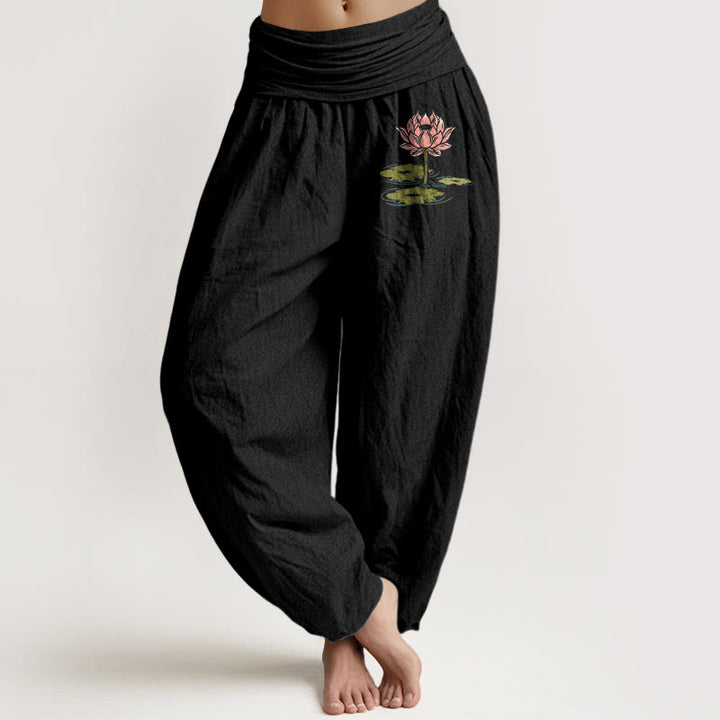 Buddha Stones Pure Cotton  Lotus Flower Leaves Pattern Women's Elastic Waist Harem Pants - Black - US16，UK/AU20，EU48 (3XL) - image 0