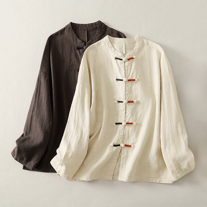 Buddha Stones Plain Chinese Frog-Button Long Sleeve Women's Cotton Zen Clothing Shirt - SaddleBrown - US8-10，UK/AU12-14，EU40-42 (2XL) - image 0