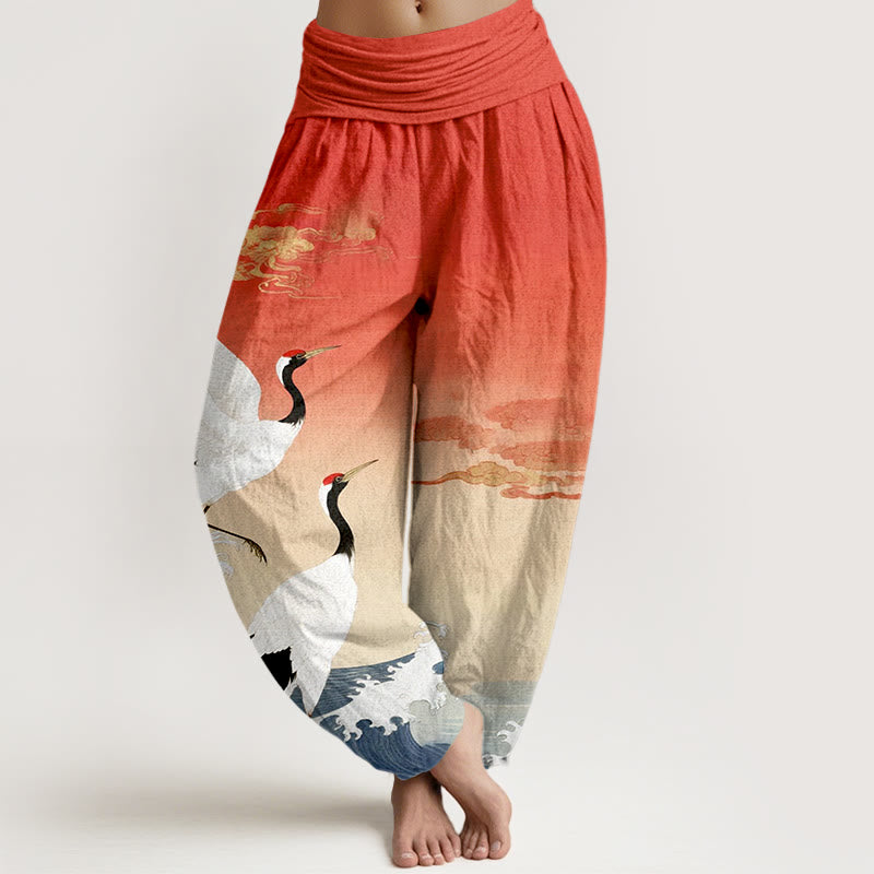 Buddha Stones Pure Cotton Cranes Auspicious Clouds Ocean Women's Elastic Waist Harem Pants - Tomato - US16，UK/AU20，EU48 (3XL) - image 0
