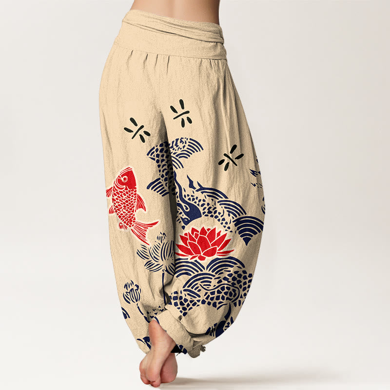 Buddha Stones Pure Cotton Koi Fish Lotus Flowers Ocean Women's Elastic Waist Harem Pants - image 1