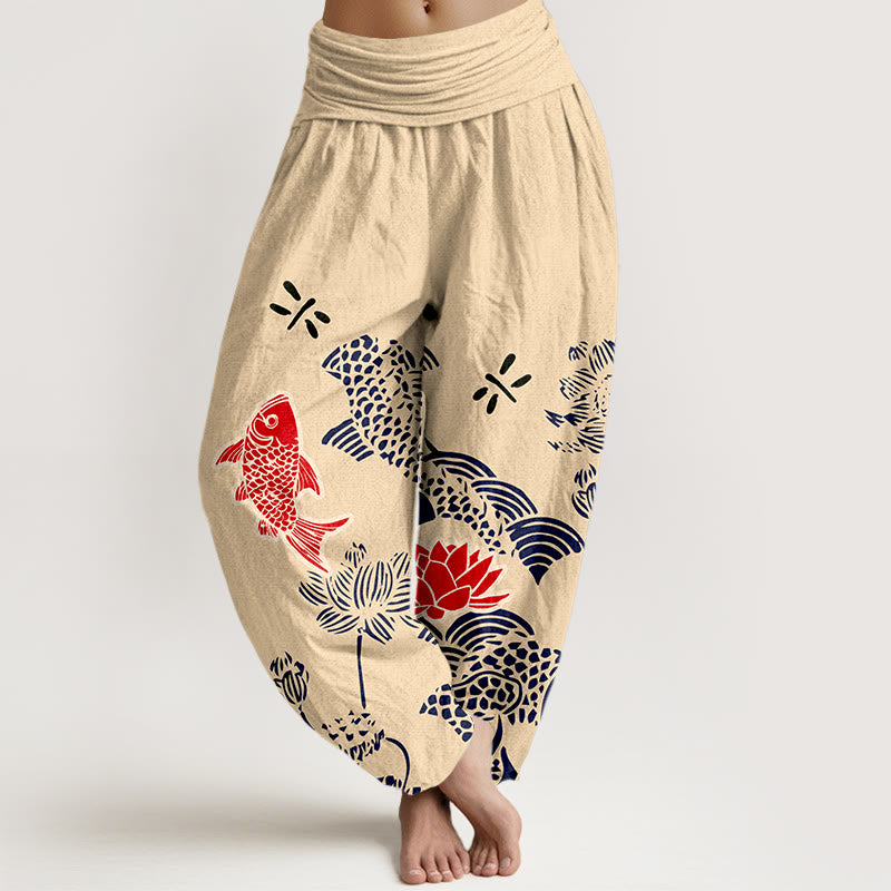 Buddha Stones Pure Cotton Koi Fish Lotus Flowers Ocean Women's Elastic Waist Harem Pants - PapayaWhip - US16，UK/AU20，EU48 (3XL) - image 0