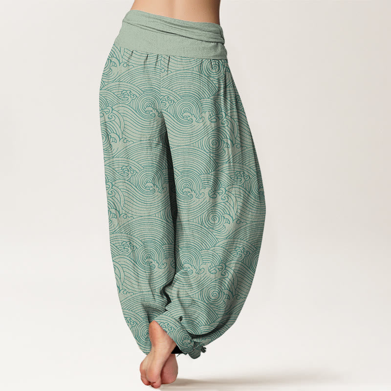 Buddha Stones Pure Cotton Fu Character Ocean Waves Women's Elastic Waist Harem Pants - image 1