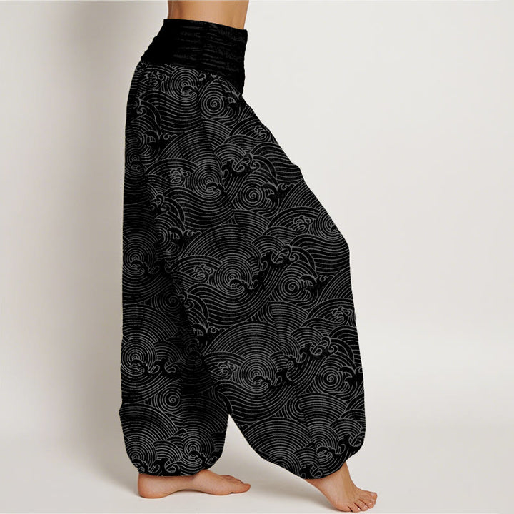 Buddha Stones Pure Cotton Fu Character Ocean Waves Women's Elastic Waist Harem Pants - image 10