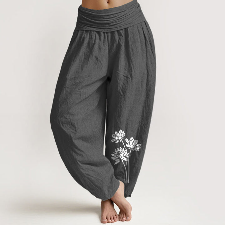 Buddha Stones Casual Three Lotus Flowers Pattern Women's Elastic Waist Harem Cotton Pants - DimGray - US16，UK/AU20，EU48 (3XL) - image 0