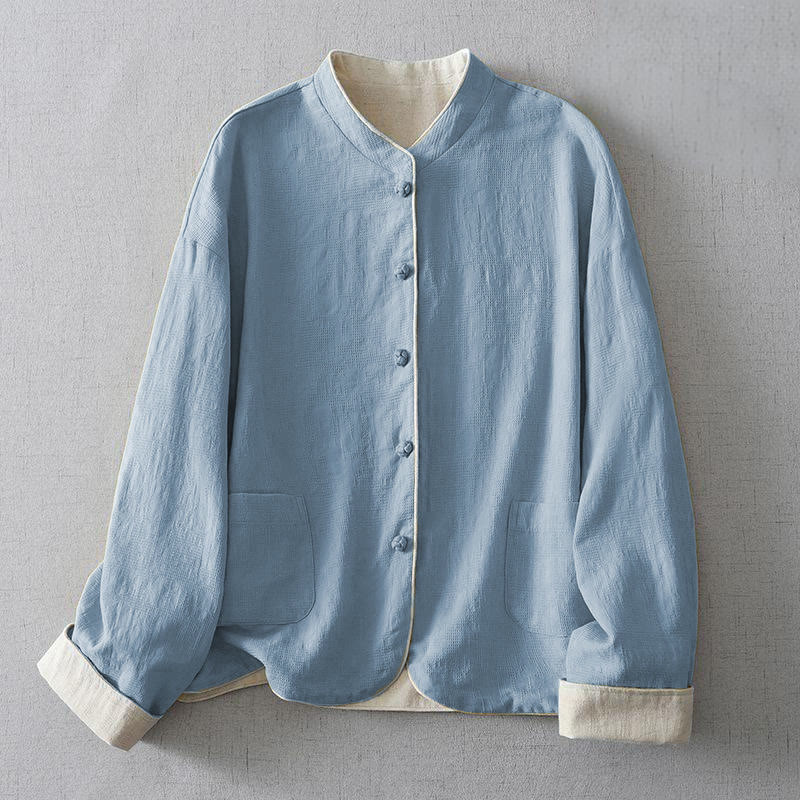Buddha Stones Women's Plain Jacquard Stand Collar Long Sleeve Cotton Linen Jacket With Pockets - CornflowerBlue - US8-10，UK/AU12-14，EU40-42 (2XL) - image 7