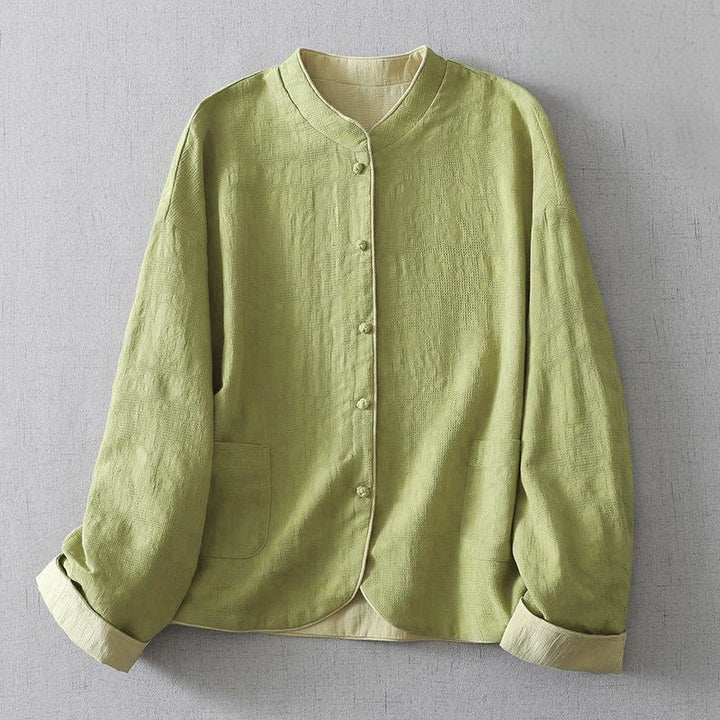 Buddha Stones Women's Plain Jacquard Stand Collar Long Sleeve Cotton Jacket With Pockets - YellowGreen - US8-10，UK/AU12-14，EU40-42 (2XL) - image 0