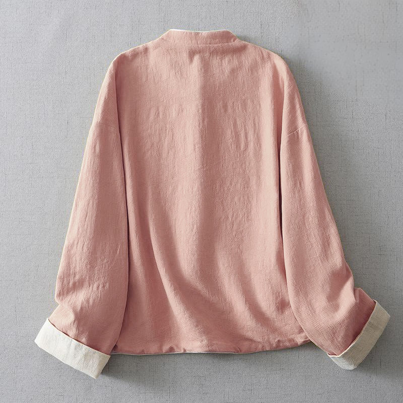 Buddha Stones Women's Plain Jacquard Stand Collar Long Sleeve Cotton Linen Jacket With Pockets - image 6