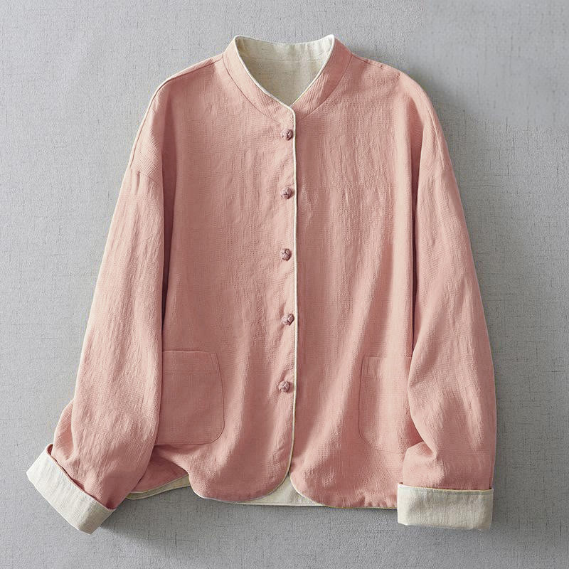 Buddha Stones Women's Plain Jacquard Stand Collar Long Sleeve Cotton Jacket With Pockets - LightPink - US8-10，UK/AU12-14，EU40-42 (2XL) - image 5