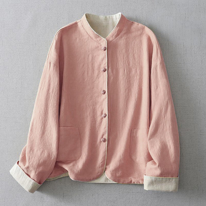 Buddha Stones Women's Plain Jacquard Stand Collar Long Sleeve Cotton Jacket With Pockets - LightPink - US8-10，UK/AU12-14，EU40-42 (2XL) - image 5