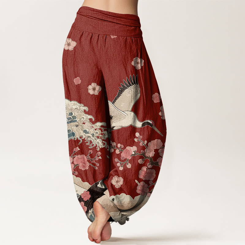 Buddha Stones Pure Cotton Cranes Peach Blossoms Ocean Women's Elastic Waist Harem Pants - image 1