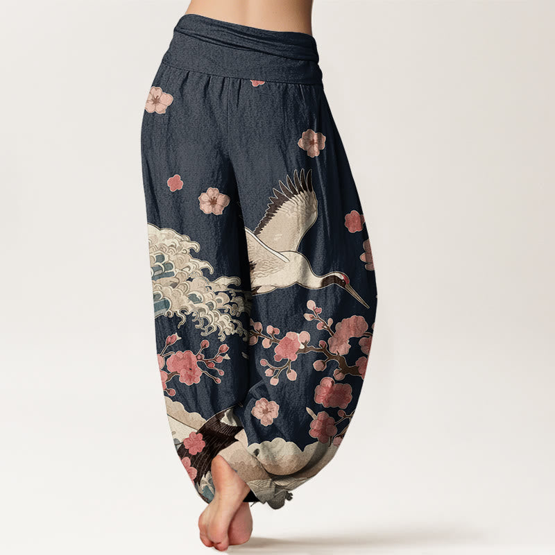 Buddha Stones Pure Cotton Cranes Peach Blossoms Ocean Women's Elastic Waist Harem Pants - image 6