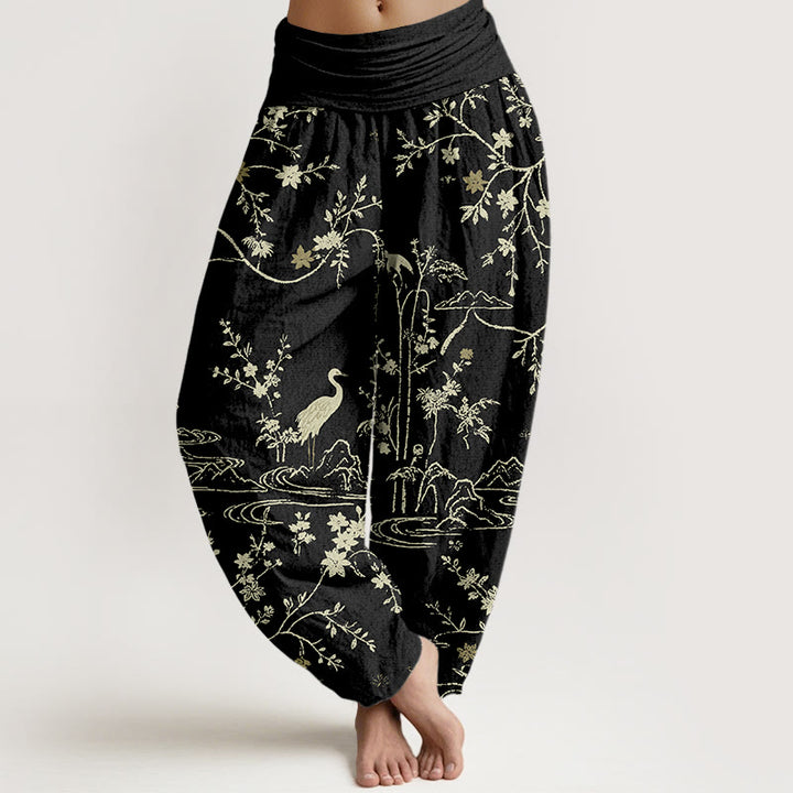 Buddha Stones Crane Floral Tree Branches Pattern Print Women's Elastic Waist Harem Pure Cotton Pants - Blcak - US16，UK/AU20，EU48 (3XL) - image 8
