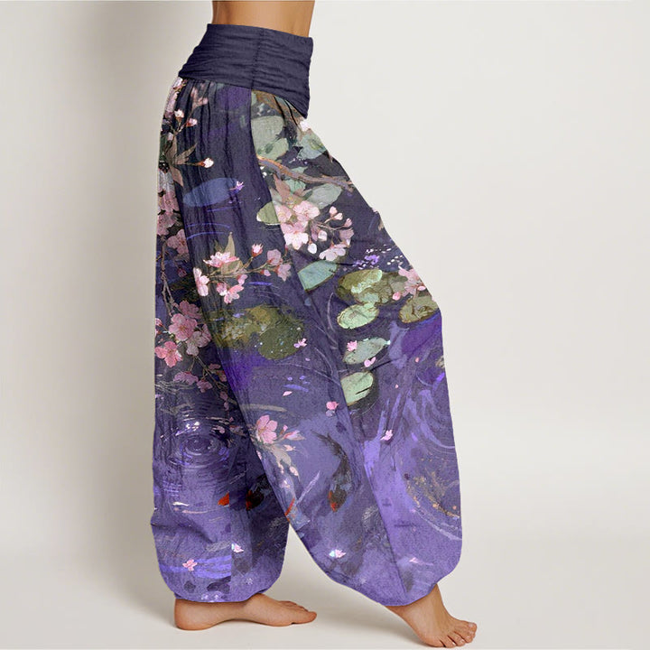 Buddha Stones Pure Cotton Sakura Blossoms Koi Fish Lotus Leaves Women's Elastic Waist Harem Pants - image 7