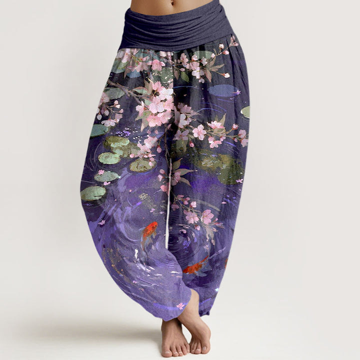 Buddha Stones Pure Cotton Sakura Blossoms Koi Fish Lotus Leaves Women's Elastic Waist Harem Pants - DarkViolet - US16，UK/AU20，EU48 (3XL) - image 5