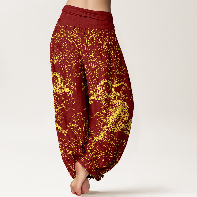 Buddha Stones Pure Cotton Dragon Floral Women's Elastic Waist Harem Pants - image 1