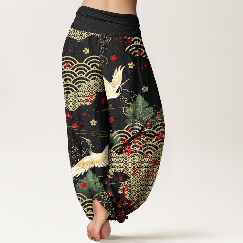 Buddha Stones Print Crane Auspicious Clouds Flowers Pattern Women's Elastic Waist Harem Cotton Pants - image 1