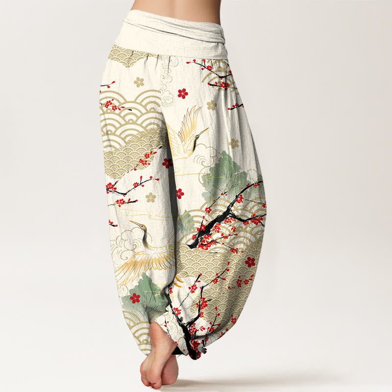 Buddha Stones Print Crane Auspicious Clouds Flowers Pattern Women's Elastic Waist Harem Cotton Pants - image 9