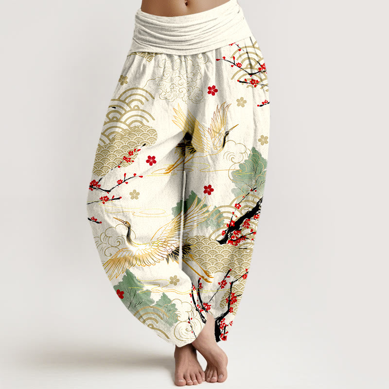 Buddha Stones Print Crane Auspicious Clouds Flowers Pattern Women's Elastic Waist Harem Cotton Pants - Ivory - US16，UK/AU20，EU48 (3XL) - image 8