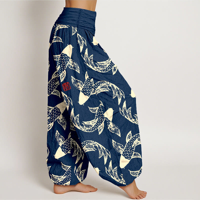 Buddha Stones Pure Cotton Swimming Koi Fish Women's Elastic Waist Harem Pants - image 2