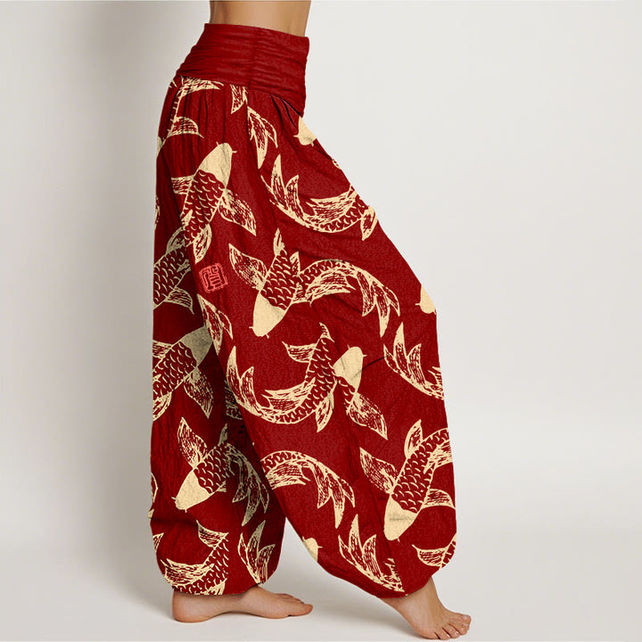 Buddha Stones Pure Cotton Swimming Koi Fish Women's Elastic Waist Harem Pants - image 7
