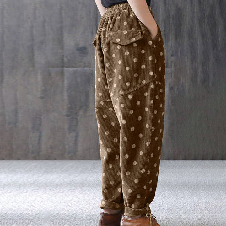Buddha Stones Women's Fall Commute Printing Dot Pattern Corduroy Harem Pants With Pockets - image 5