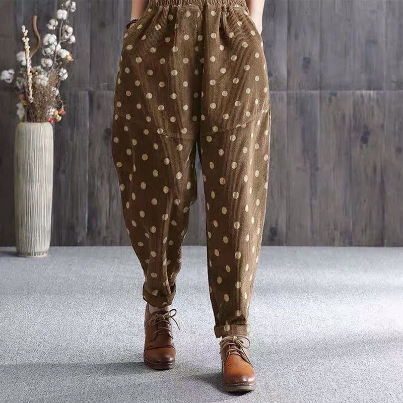 Buddha Stones Women's Fall Commute Printing Dot Pattern Corduroy Harem Pants With Pockets - DarkGoldenrod - US8-10，UK/AU12-14，EU40-42 (2XL) - image 0