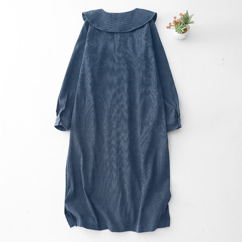 Buddha Stones Fall Plain Buttons Design Long Sleeve Corduroy Midi Dress With Pockets - image 1
