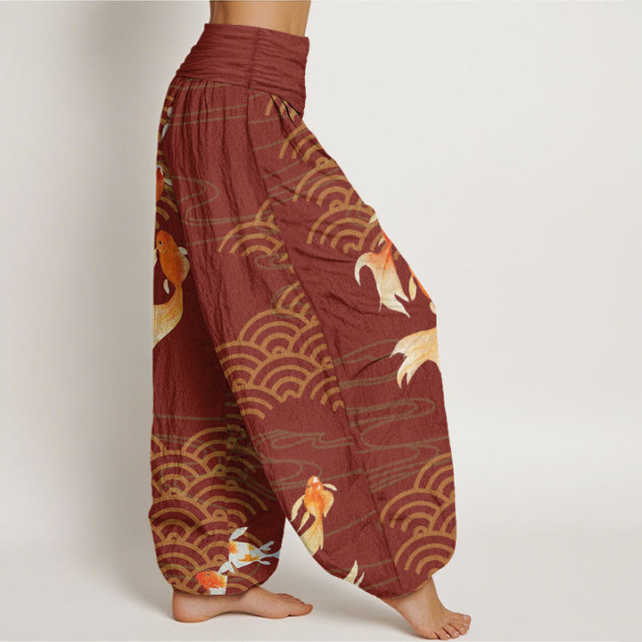 Buddha Stones Pure Cotton Red Koi Fish Fan-shaped Waves Women's Elastic Waist Harem Pants - image 7