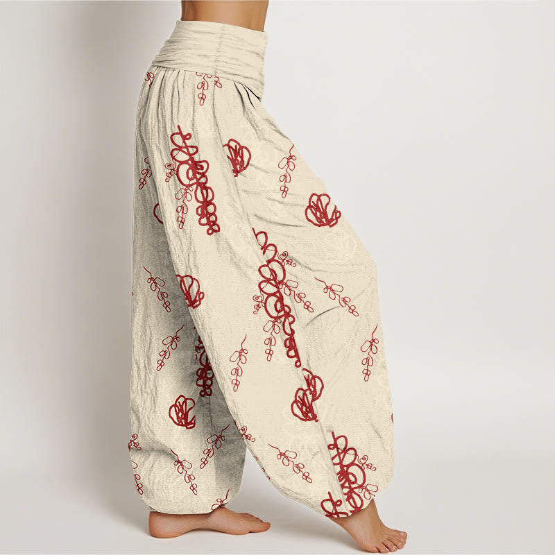 Buddha Stones Print Hand-painted Flowers Branches Pattern Women's Elastic Waist Harem Cotton Pants - image 2