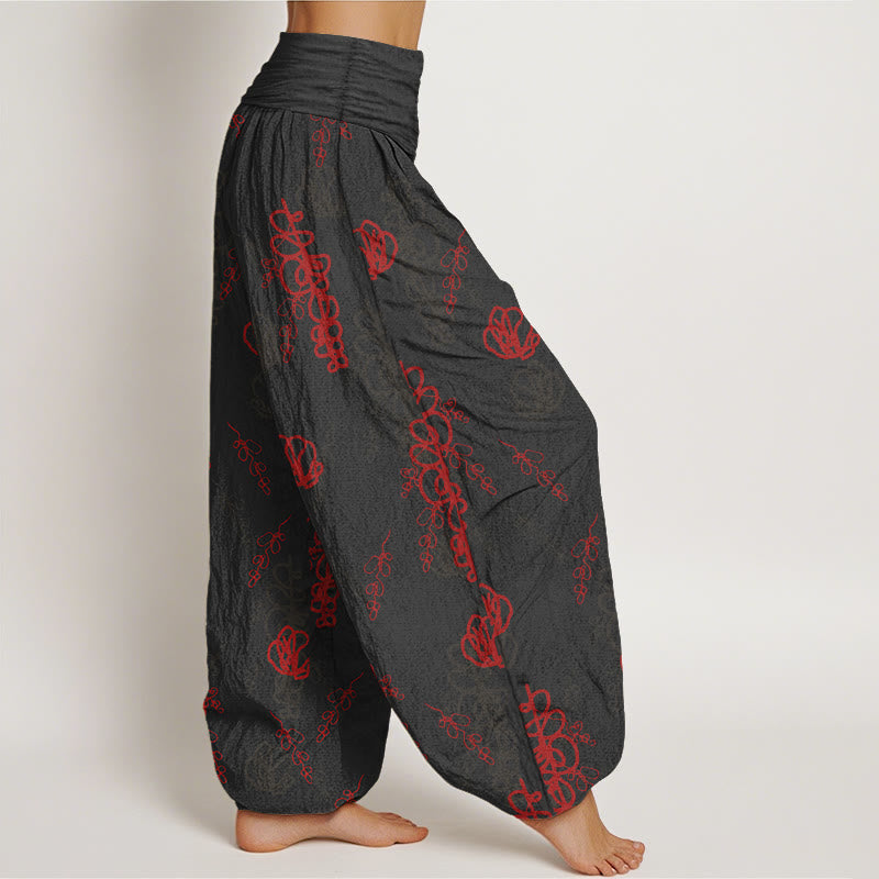 Buddha Stones Print Hand-painted Flowers Branches Pattern Women's Elastic Waist Harem Cotton Pants - image 7