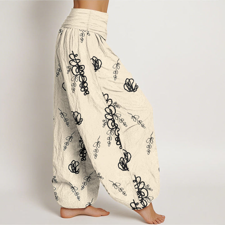 Buddha Stones Print Hand-painted Flowers Branches Pattern Women's Elastic Waist Harem Cotton Pants - image 10