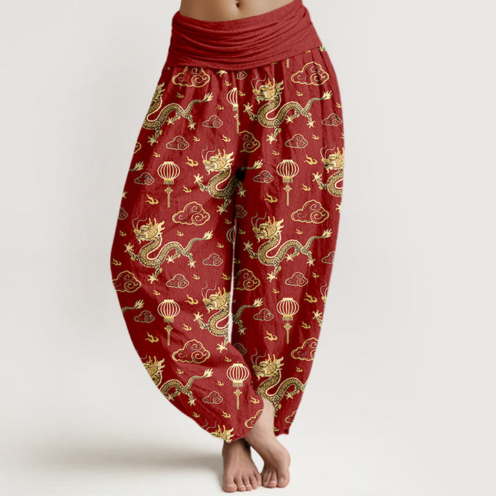 Buddha Stones Print Dragon Auspicious Cloud Lantern Pattern Women's Elastic Waist Harem Cotton Pants - Red - US16，UK/AU20，EU48 (3XL) - image 0