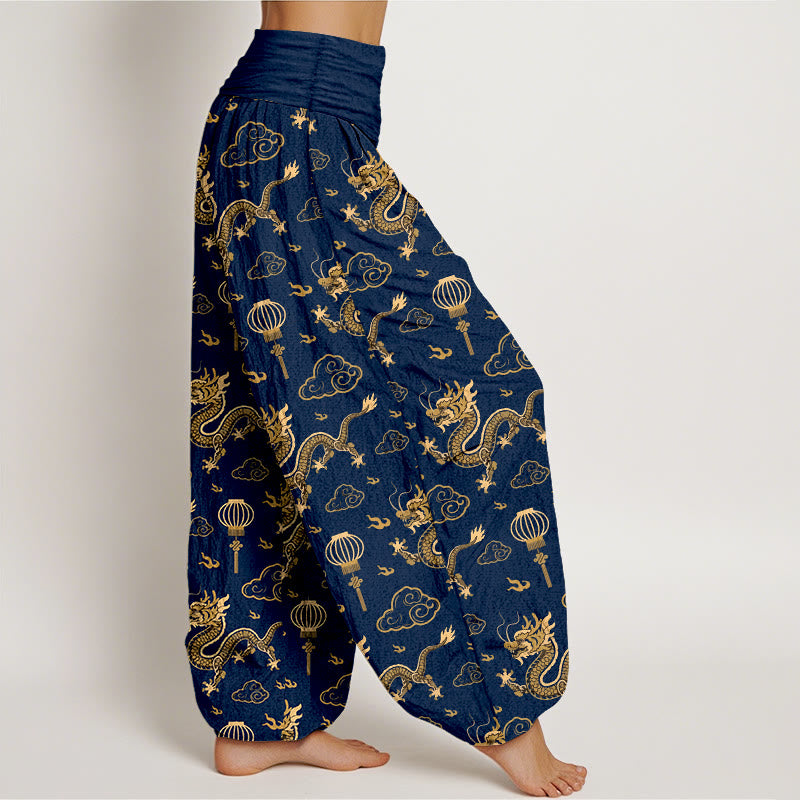 Buddha Stones Print Dragon Auspicious Cloud Lantern Pattern Women's Elastic Waist Harem Cotton Pants - image 7