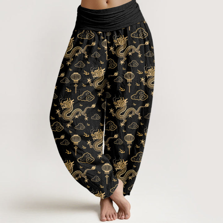 Buddha Stones Print Dragon Auspicious Cloud Lantern Pattern Women's Elastic Waist Harem Cotton Pants - Black - US16，UK/AU20，EU48 (3XL) - image 8