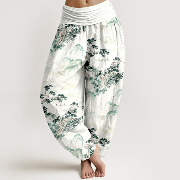 Buddha Stones Print Pine Trees Mountains Pattern Pure Cotton Women's Elastic Waist Harem Pants - SeaGreen - US16，UK/AU20，EU48 (3XL) - image 0