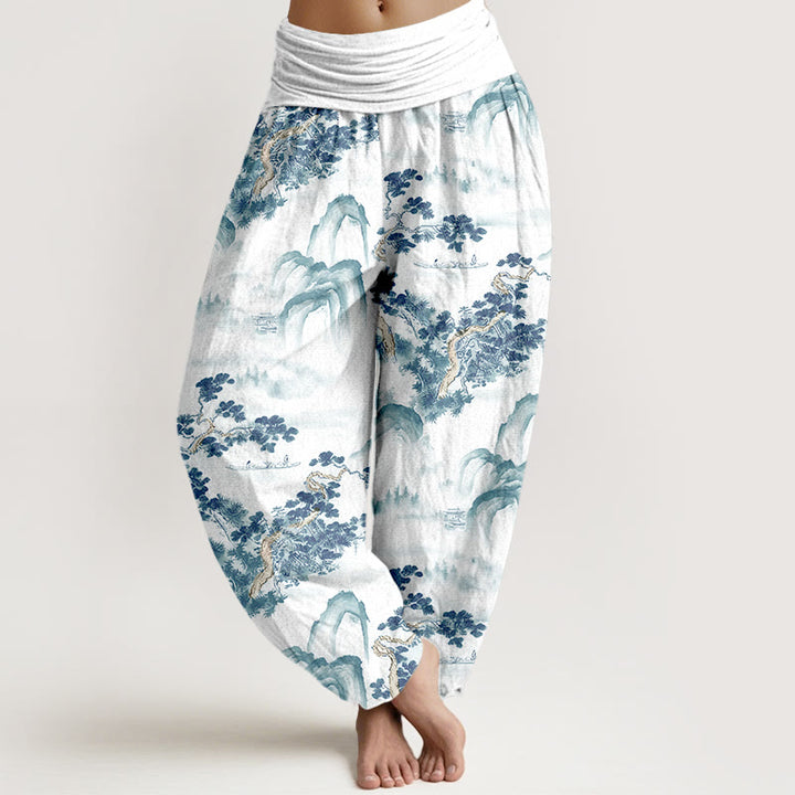 Buddha Stones Print Pine Trees Mountains Pattern Pure Cotton Women's Elastic Waist Harem Pants - SkyBlue - US16，UK/AU20，EU48 (3XL) - image 8