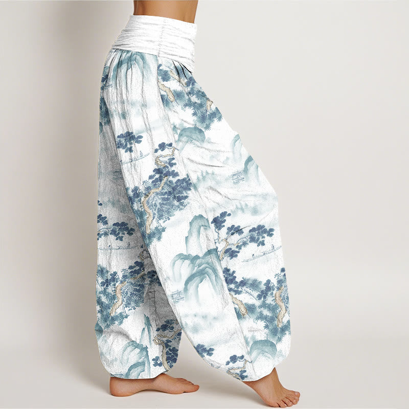 Buddha Stones Print Pine Trees Mountains Pattern Pure Cotton Women's Elastic Waist Harem Pants - image 9