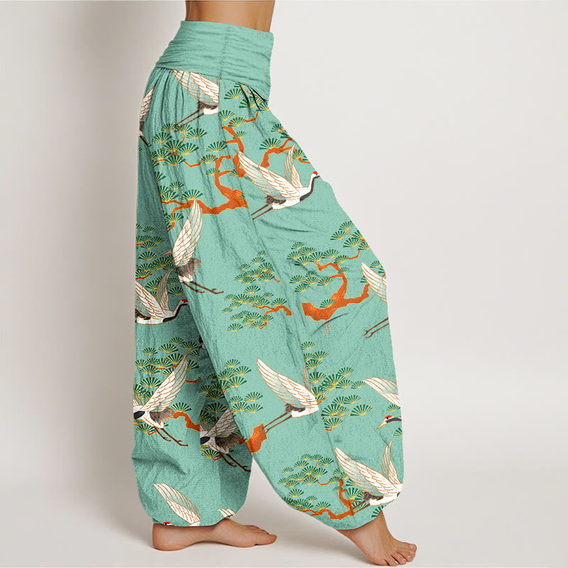 Buddha Stones Print Pine Tree Crane Pattern Pure Cotton Women's Elastic Waist Harem Pants - image 7