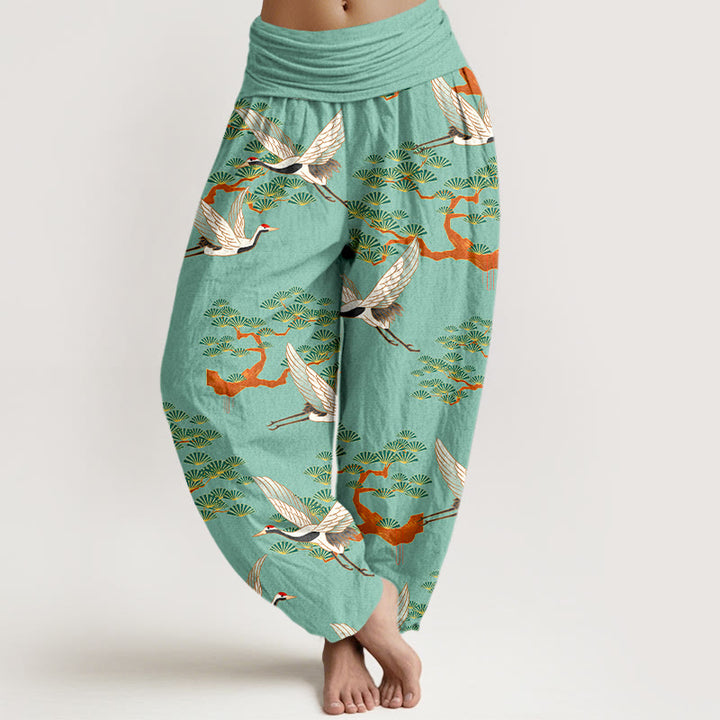 Buddha Stones Print Pine Tree Crane Pattern Pure Cotton Women's Elastic Waist Harem Pants - MediumSeaGreen - US16，UK/AU20，EU48 (3XL) - image 5