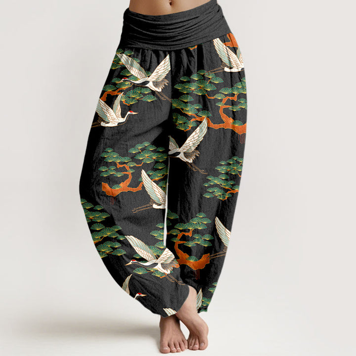 Buddha Stones Print Pine Tree Crane Pattern Pure Cotton Women's Elastic Waist Harem Pants - image 9