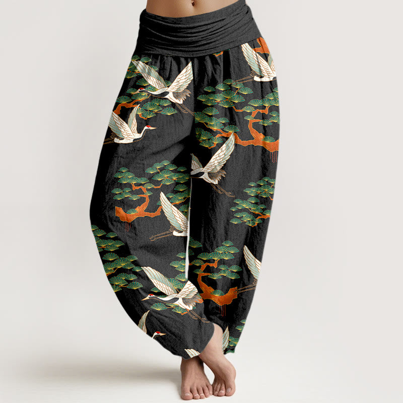 Buddha Stones Print Pine Tree Crane Pattern Pure Cotton Women's Elastic Waist Harem Pants - image 9